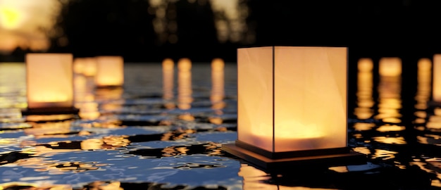 Eine schöne Laterne, die nachts auf dem Fluss schwimmt Chinesische Papierlaternen