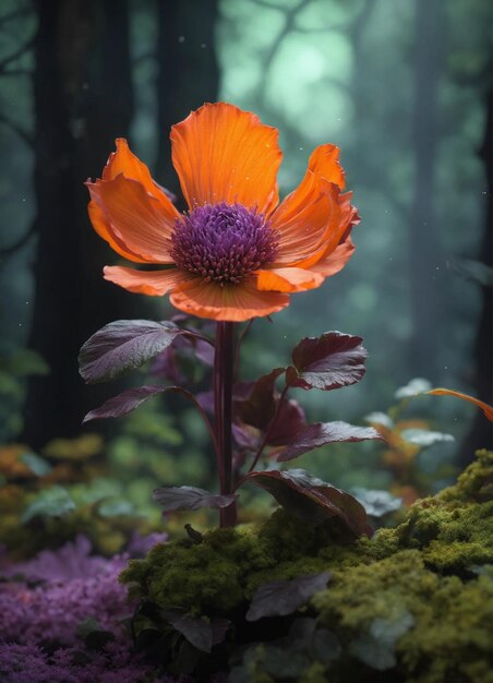 eine schöne lila Blume in einem dunklen Wald im Stil hyperrealistischer Skulpturen dunkel orange
