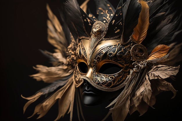 eine schöne maske in schwarz und gold mit schönen federn, kreative ai