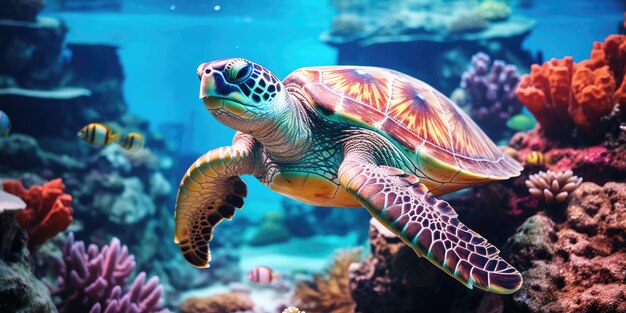 Foto eine schöne meeresschildkröte um ein sehr schönes korallenriff ai generative