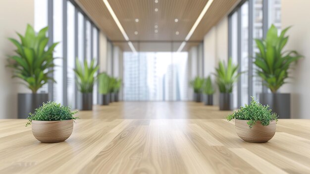 Eine schöne moderne, geräumige Bürohalle mit Panoramafenstern und einer Perspektive in angenehmer Natur