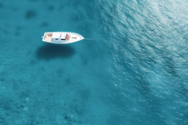 Eine schöne moderne weiße Yacht treibt über das blaue Meer und den Ozean und hinterlässt eine Wellenpfadansicht