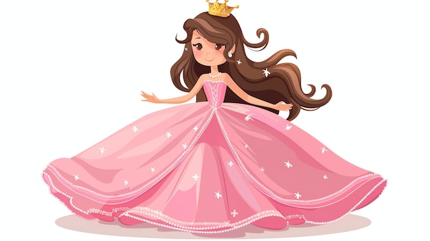 Eine schöne Prinzessin in einem rosa Kleid und einer goldenen Krone Sie hat lange braune Haare und blaue Augen