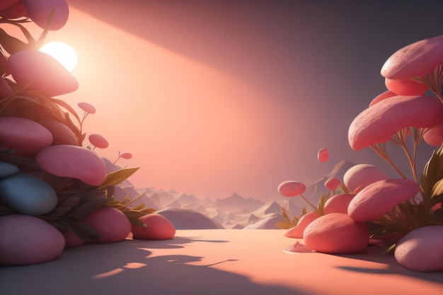 Eine schöne rosa Hintergrundtapete mit Steinen und Blumen mit generativer KI