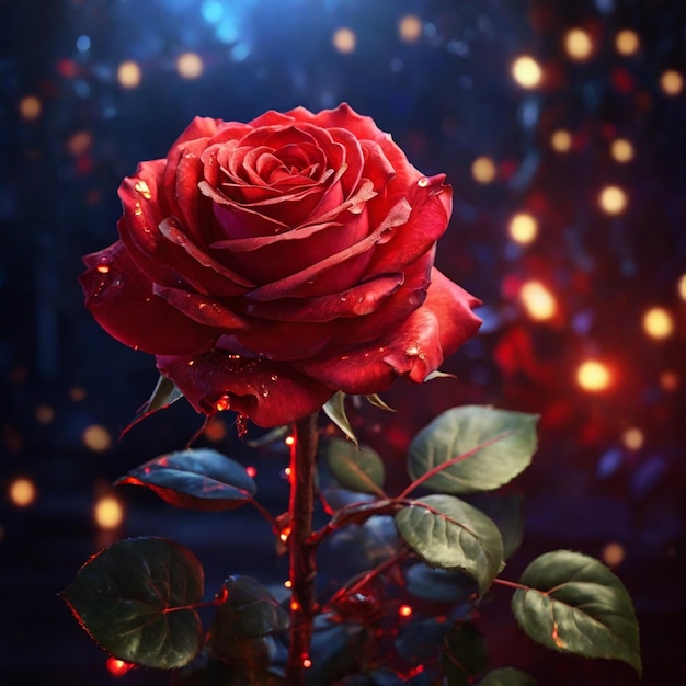 Eine schöne rote magische Rose mit magischen Lichtern im Hintergrund