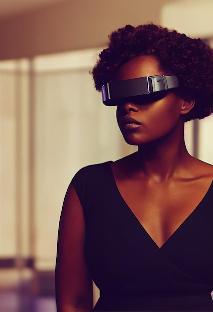 Eine schöne schwarze Frau mit VR-Headset Dramatische Aufnahme mit Gesicht im Fokus filmische Farbkorrektur Aufgeregte Benutzer testen VR-SpielVirtual-Reality-SpielkonzeptPor Mangostar