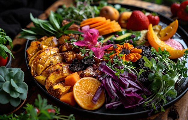 eine schöne schwarze Salatplatte voller Gemüse