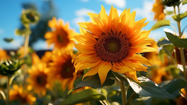 Eine schöne Sonnenblume mit grünen Blättern mit Sonnenlicht-Effekt hinter der Blume mit blauem Himmel