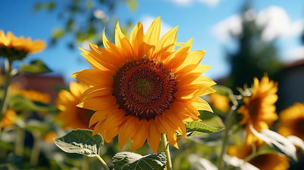 Eine schöne Sonnenblume mit grünen Blättern mit Sonnenlicht-Effekt hinter der Blume mit blauem Himmel