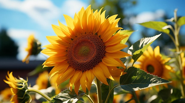 Eine schöne Sonnenblume mit grünen Blättern mit Sonnenlicht-Effekt hinter der Blume mit blauem Himmel