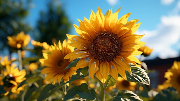 Eine schöne Sonnenblume mit grünen Blättern mit Sonnenlicht-Effekt hinter der Blume mit blauem Himmel