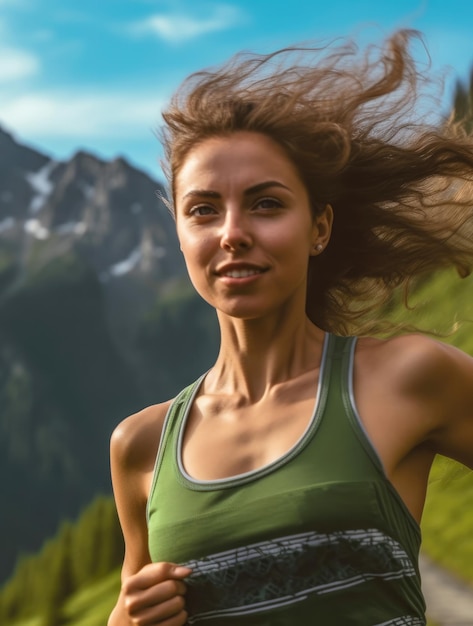 Eine schöne sportliche Frau läuft in einem Berggebiet
