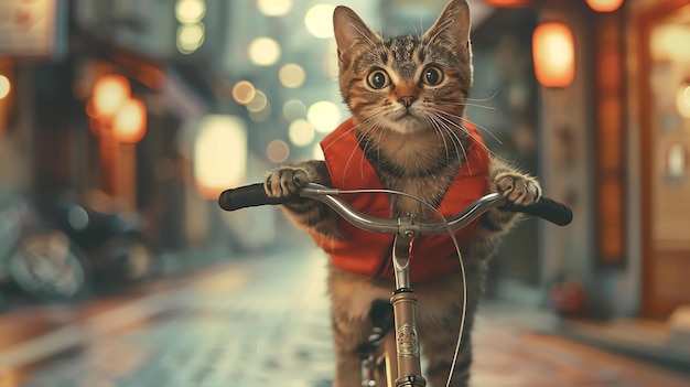 Foto eine schöne tabbie-katze in einer roten weste fährt mit dem fahrrad eine belebte straße entlang. die katze schaut mit einem entschlossenen gesichtsausdruck direkt in die kamera.