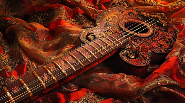 Foto eine schöne und einzigartige gitarre mit einem komplizierten orientalisch inspirierten fretwork und einem roten seidenhintergrund