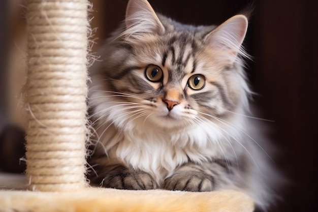 Foto eine schöne und lustige katze die katze sitzt auf einem kratzpfosten