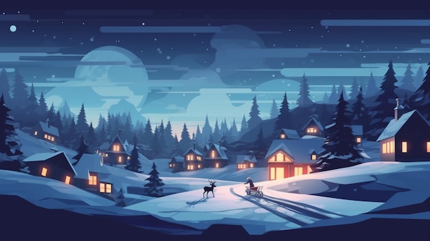 Eine schöne Weihnachtsszenenillustration im Freien eines Weihnachtshauses mit Schneewinterlandschaft in einem Dorf