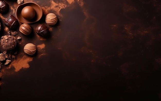 Foto eine schokoladenauslage mit dunklem hintergrund und einem schild mit der aufschrift „schokolade“