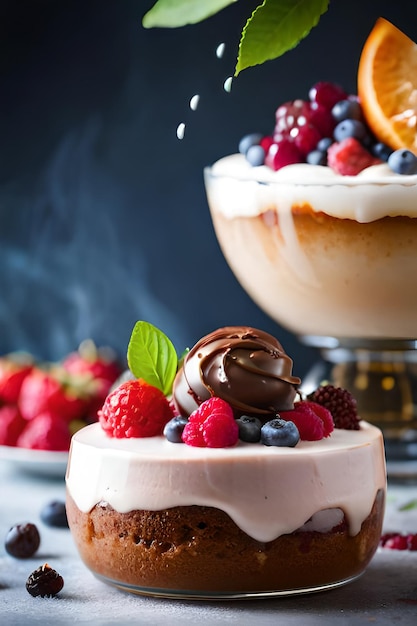 Eine Schokoladenmousse mit Beeren und Sahne im Hintergrund