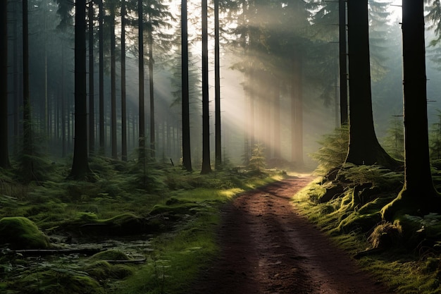 eine Schotterstraße in der Mitte eines Waldes mit Sonnenstrahlen, die durch die Bäume leuchten