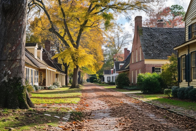 Eine Schotterstraße mit mehreren Häusern und hohen Bäumen im Hintergrund, die die vorstädtische Landschaft der kolonialen Architektur von Williamsburg, Virginia, zeigt.