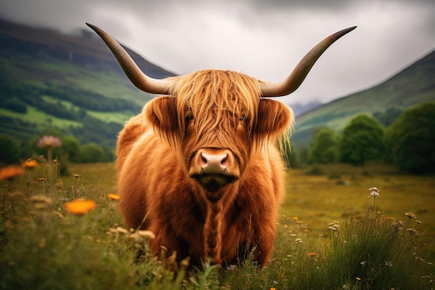 Eine schottische Hochlandkuh auf einer grünen Wiese