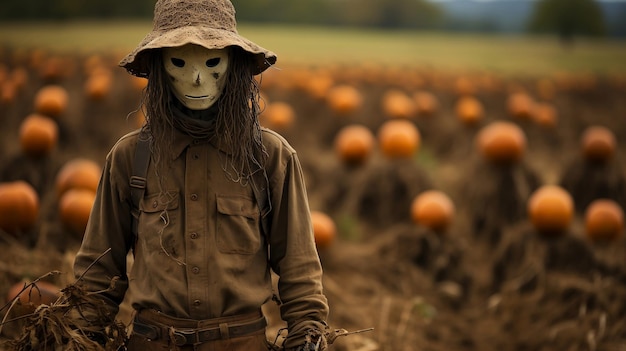 Eine schreckliche Vogelscheuche kümmert sich um eine Ernte von orangefarbenen Kürbissen, die für die Halloweennacht verwendet werden werden