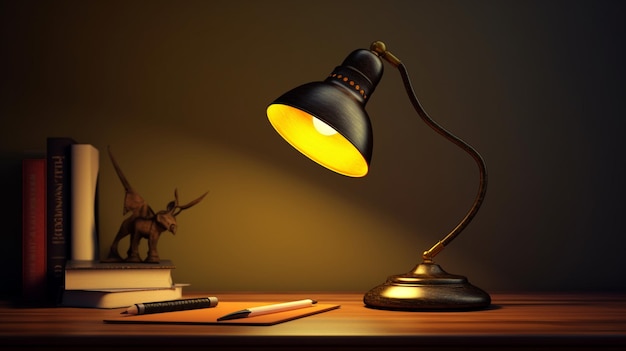 Eine Schreibtischlampe mit einem Buch und einem Stift auf dem Tisch