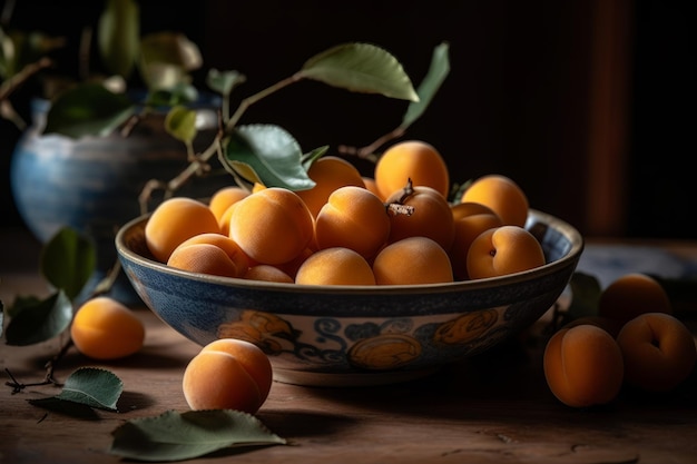Eine Schüssel Aprikosen mit Blättern auf dem Tisch