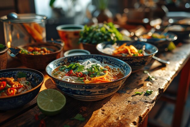 Eine Schüssel asiatische Suppe mit Nudeln, Chili und Kräutern in Fleischbrühe der thailändischen und vietnamesischen Küche