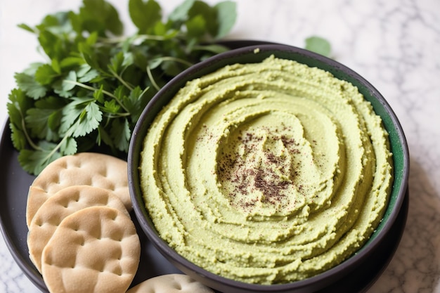 Eine Schüssel Avocado-Hummus mit Crackern als Beilage.