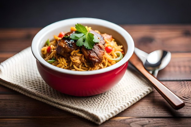 Eine Schüssel Biryani mit einem Löffel an der Seite