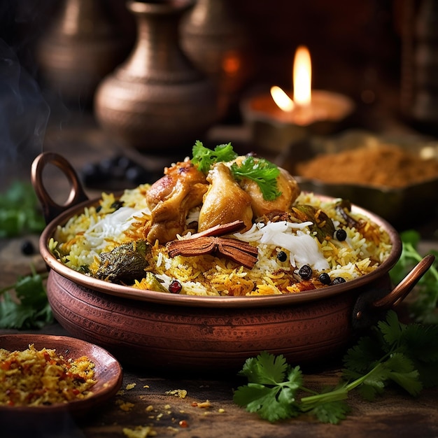 Eine Schüssel Biryani mit einem Löffel und einem Teller mit Essen darauf