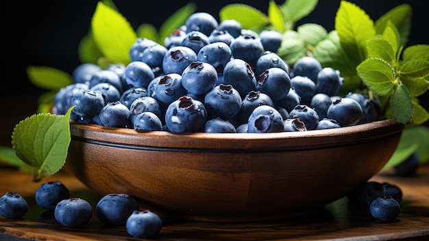 eine Schüssel Blaubeeren mit Blättern und grünen Blättern