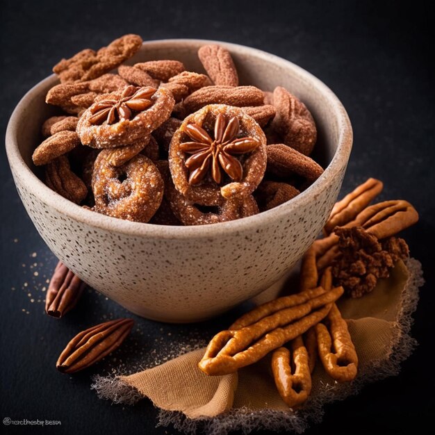 Eine Schüssel Brezeln und Brezeln mit anderen Snacks auf einem Tisch.