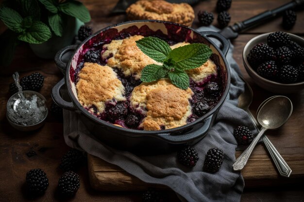 Eine Schüssel Brombeer-Schuster mit Minzblättern auf einem Holztisch