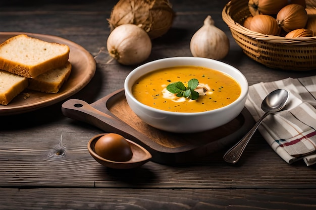 Eine Schüssel Butternusskürbissuppe mit Brot als Beilage