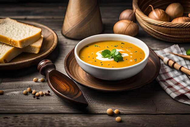 Eine Schüssel Butternusskürbissuppe mit einer Beilage Brot.