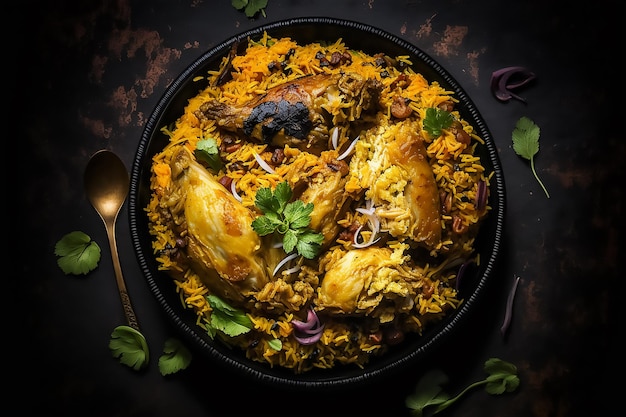 Eine Schüssel Chicken Biryani mit einem Löffel an der Seite.