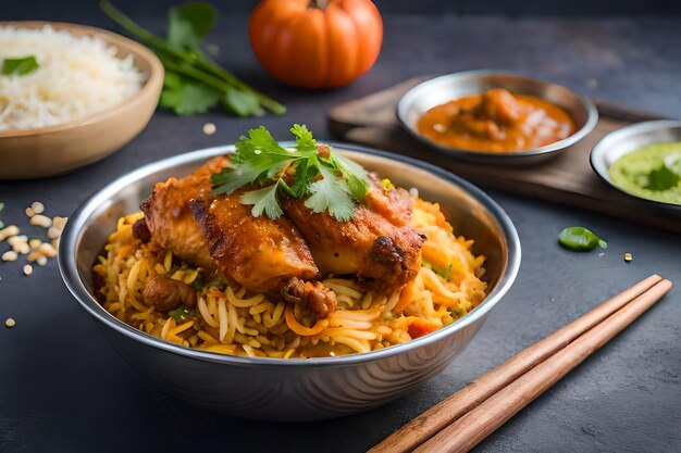 Eine Schüssel Chicken Biryani mit einer Schüssel Curry und einem Kürbis an der Seite.