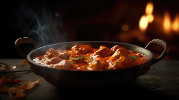 Eine Schüssel Chicken Tikka Masala mit aufsteigendem Rauch im Hintergrund.