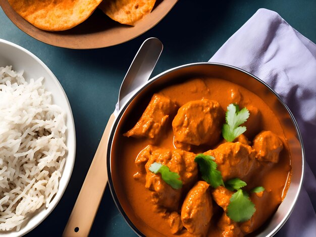 Eine Schüssel Chicken Tikka Masala mit Reis und eine Serviette daneben.