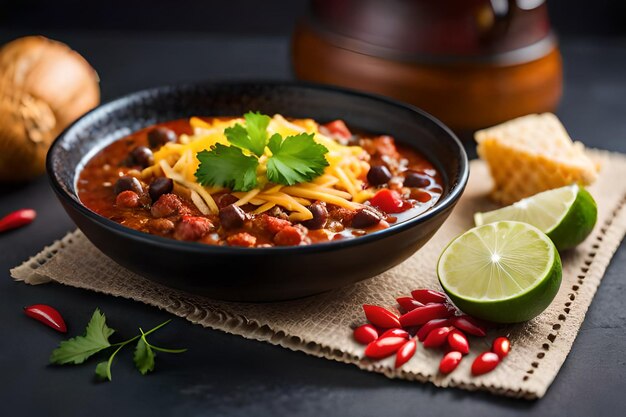 eine Schüssel Chili mit Bohnen und Käse.