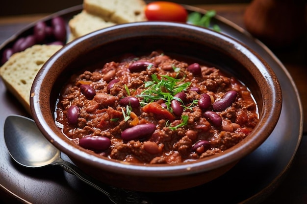 eine Schüssel Chili mit Bohnen und Reis