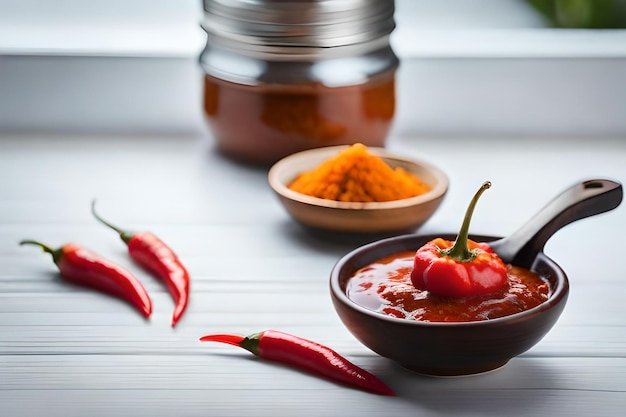 Eine Schüssel Chili mit einem Löffel und eine Schüssel Chili auf dem Tisch.