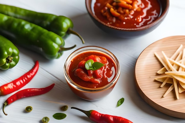 Foto eine schüssel chili mit paprika und paprika auf einem tisch.