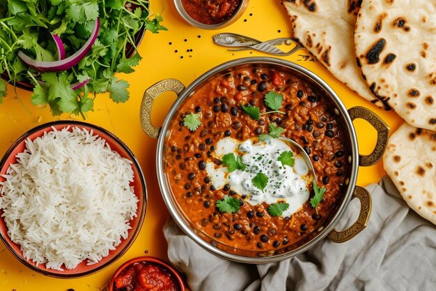 eine Schüssel Chili und Reis neben etwas Pita-Brot.