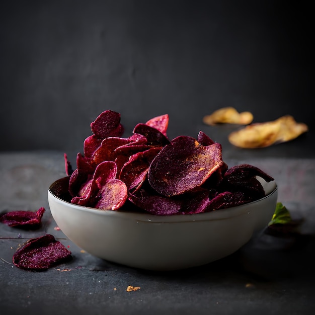 Eine Schüssel Chips mit violetten und gelben Blütenblättern auf einem Tisch.