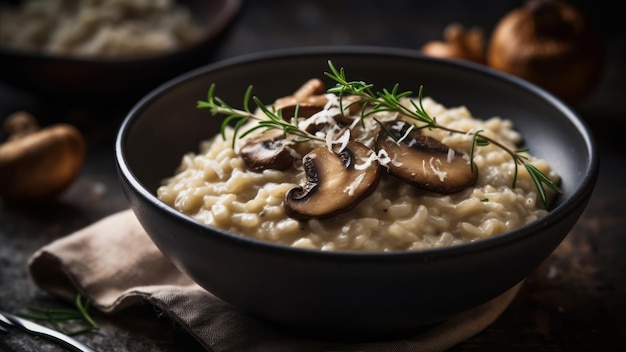 Eine Schüssel cremiges Risotto mit Pilzen darauf