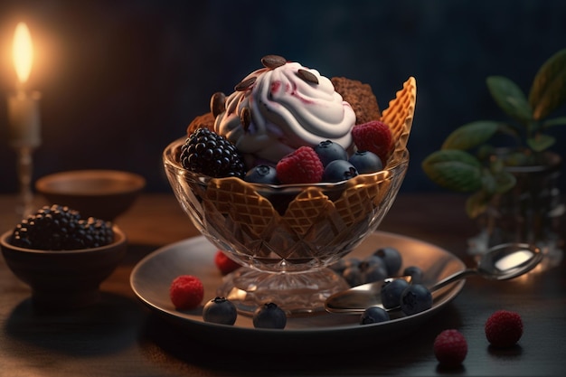 Eine Schüssel Eis mit Beeren darauf