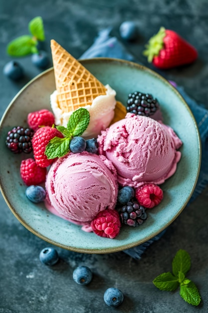 Eine Schüssel Eis mit Beeren oben und einem Stück Süßigkeiten auf der Seite